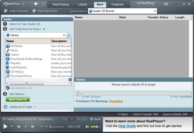 How To Create And Burn CDs Using RealPlayer for Windows PC.